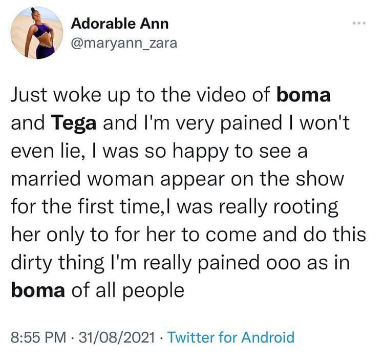 #BBNaija: Nigerians react to videos of Tega and Boma making out