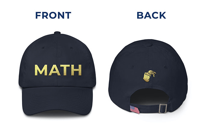 Navy hat with MATH in gold on the front and the claw in gold on the back