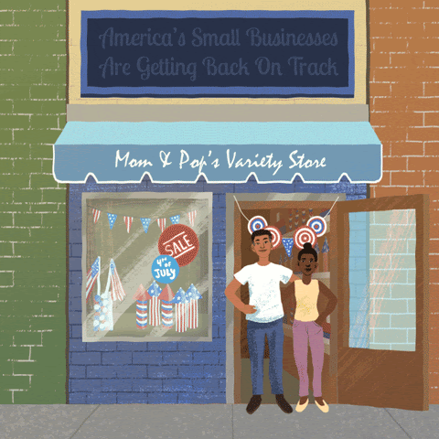 Two people standing in front of a store with the sign above flashing and stating "America's small businesses are getting back on track"