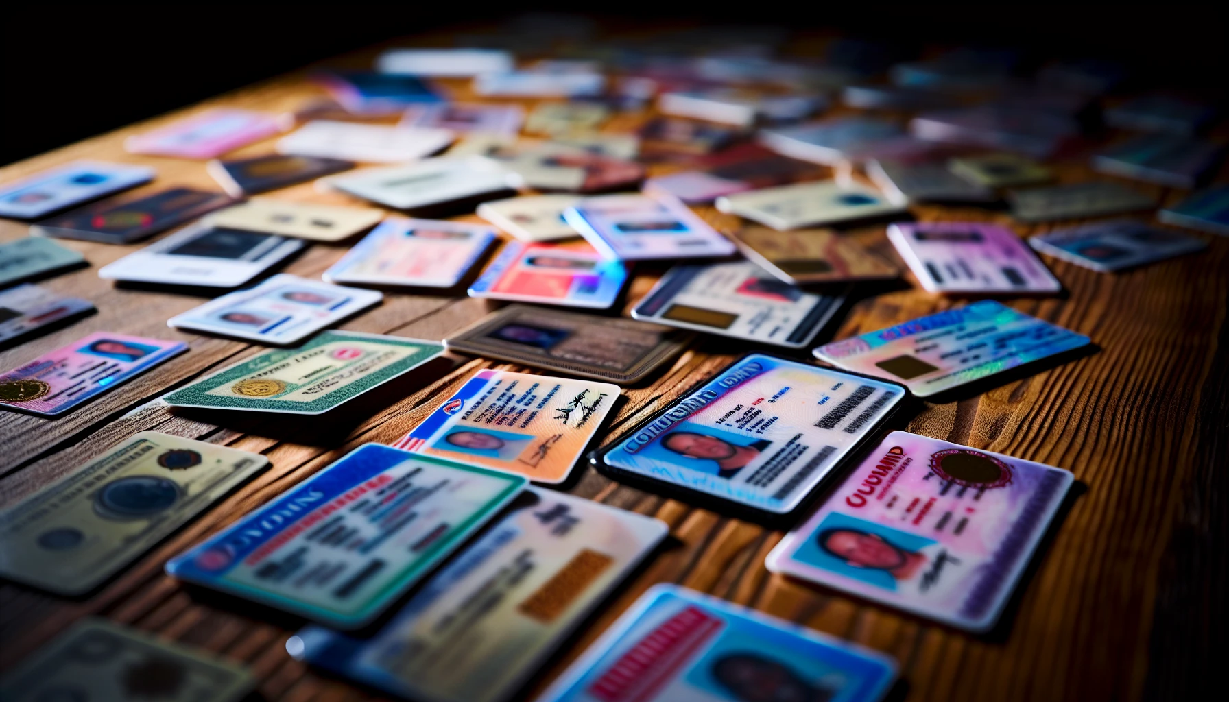 Various fake IDs on a table
