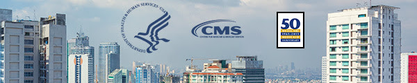 Photograph of city skyline with HHS, CMS and CMS 50th anniversary logos featured in the sky