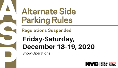 Alternate side parking rules suspended Friday-Saturday, December 18-19, 2020 for snow operations.