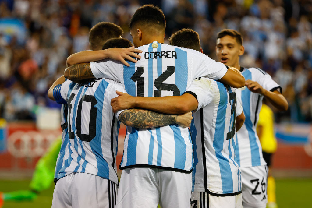 Argentina forward Lionel Messi (10) celebrates with teammates after scoring during the international friendly soccer game between Argentina and Jamaica