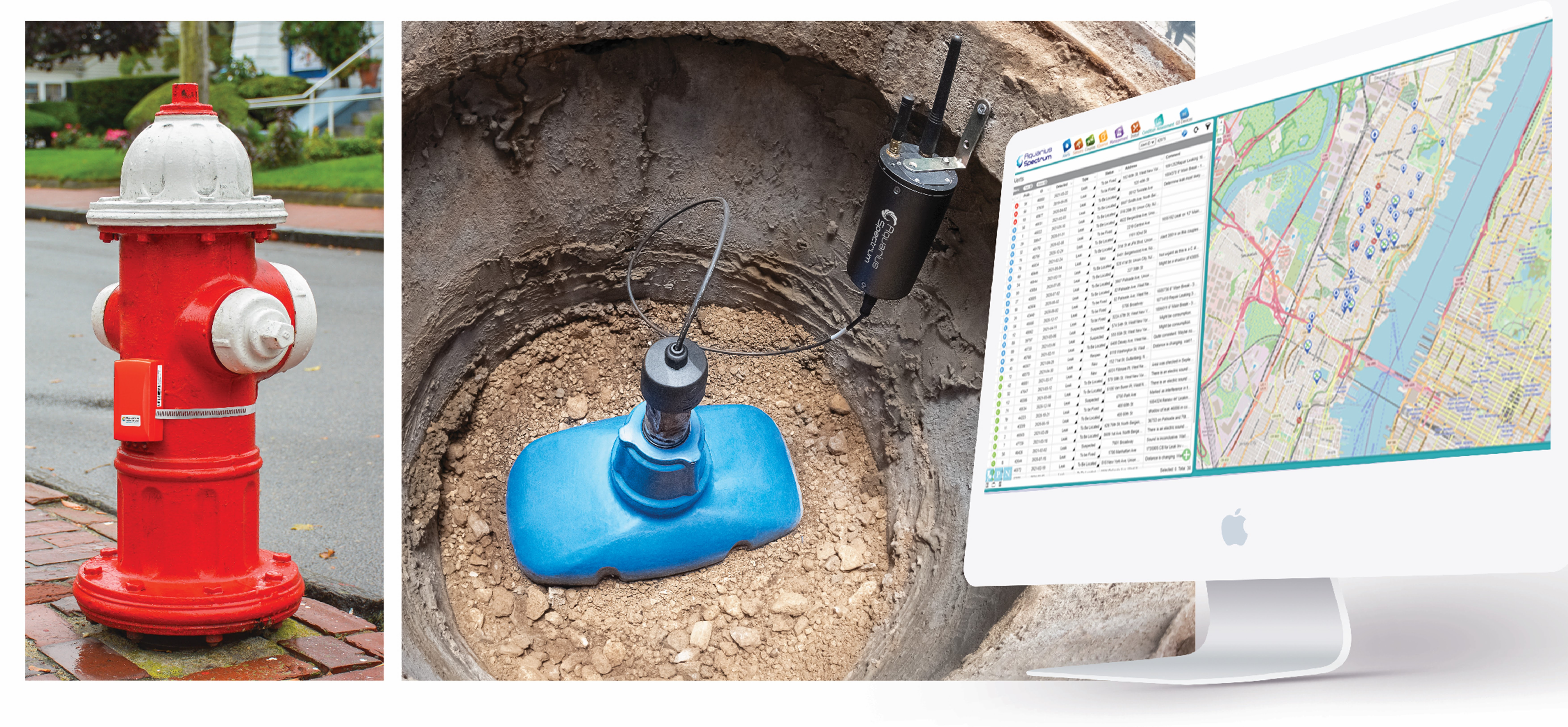 Water leak detection by AQSense-Edge: Aquarius Spectrum's acoustic Cat-M/NB-IoT correlating sensors; Installations can be both aboveground and underground; Leak alerts are classified and presented on a unique dashboard