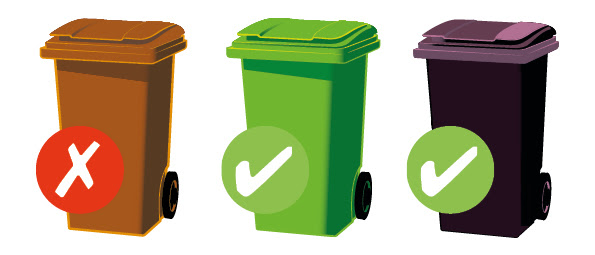 picture of brown bin, green bin and black bin