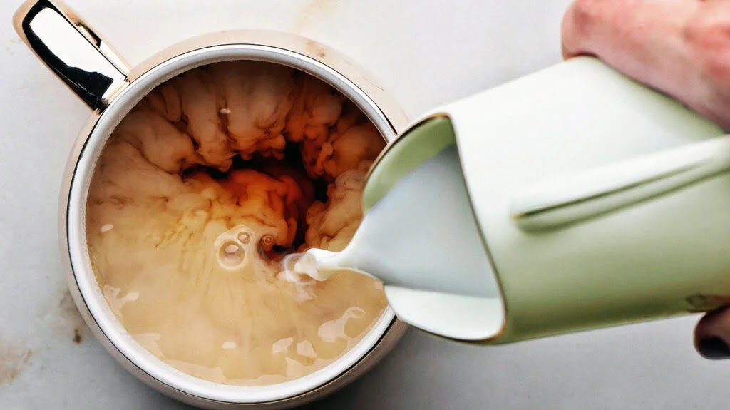 Overhead shot of cream being poured into coffee