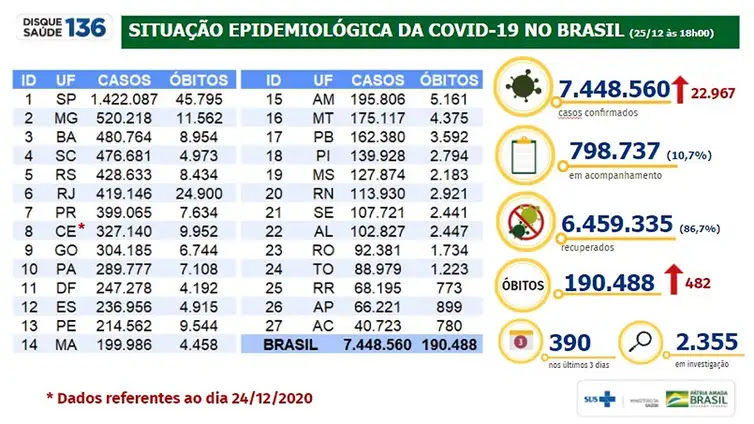 Ministério da Saúde Situação epidemiológica da covid 19 no Brasil/25.12.2020