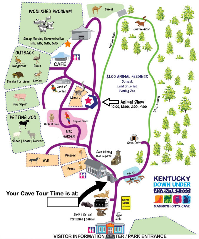 Web “a touch of the australian outback in kentucky” kentucky down under is an interactive educational australian themed animal park & beautifully decorated cave, kentucky caverns. The map of Kentucky Down Under Adventure Zoo in Horse Cave, USA