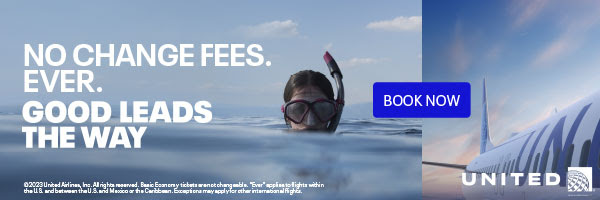  United sponsor ad. Text overlay reads ‘No change fees. Ever. Good leads the way.’