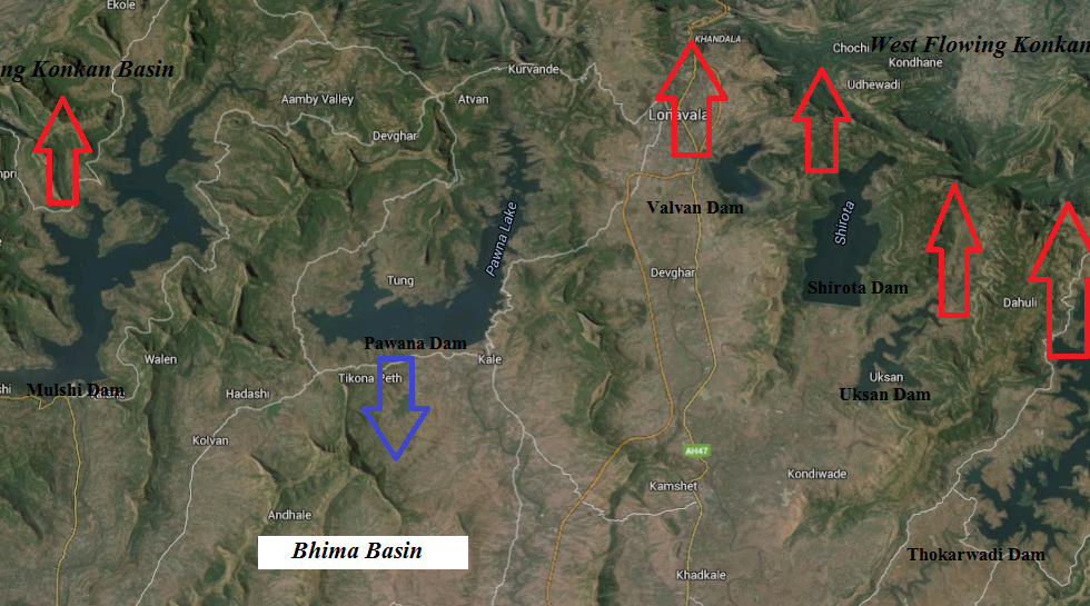 Google Earth image indicating water diversion to Konkan from Tata Dams (marked in red arrows)