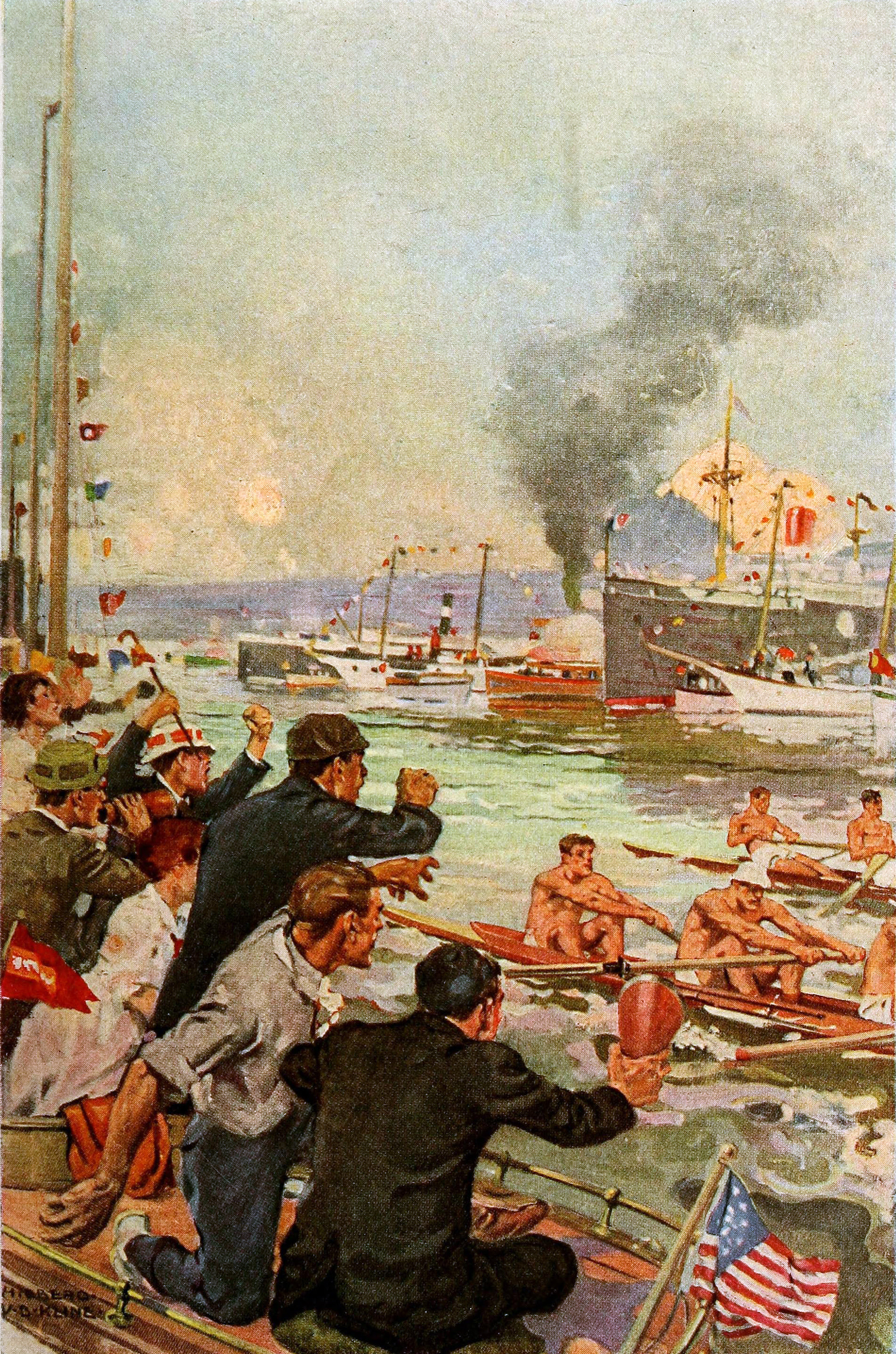 Painting of a rowing race with a crowd cheering and large boats in the background. Rowing art by Hibberd Van Buren Kline