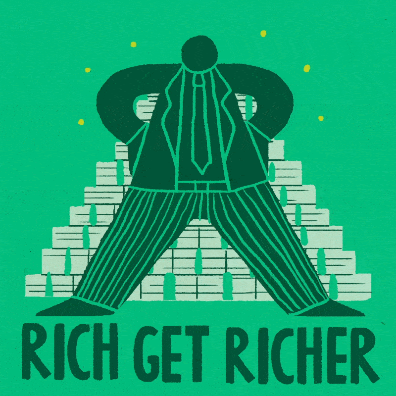 Moving GIF of two people. One is someone standing in front of money with text stating "rich get richer". The the image moves to someone holding up society with text that says "poor get poorer"