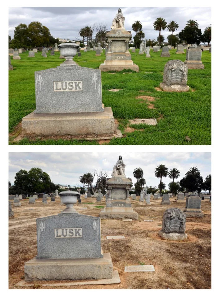 A gravestone at Evergreen Cemetery outside of Los Angeles in February 2023 (top) vs. September 2022 (bottom).