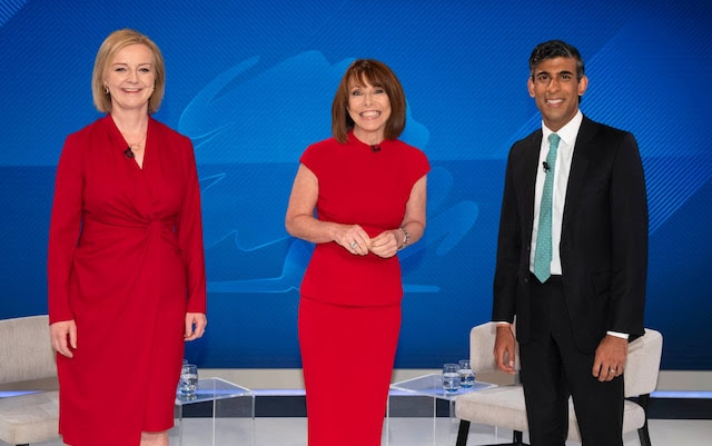 Liz Truss, Kay Burley and Rishi Sunak ahead of the Sky News leadership debate