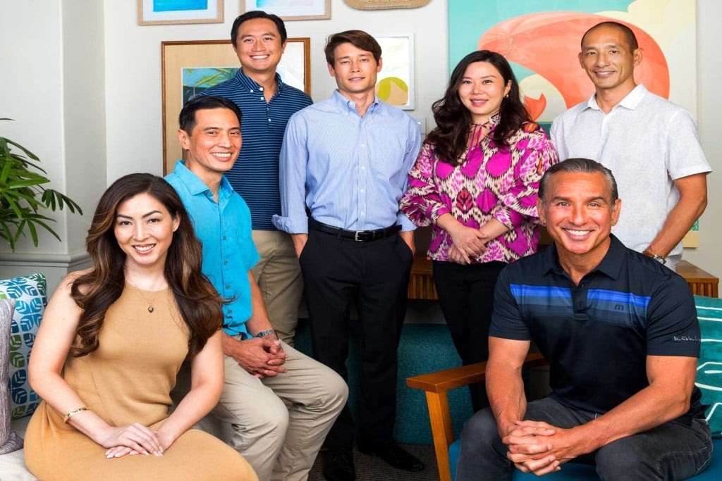The team at BlackSand Capital, includes (left to right, back row) principals Brian K. K. Li, Will D. Nguyen, associate Chris Fong, chief legal officer and chief compliance officer Nicole Chang, principal Benjamin J. Wang, (left to right, front row) chief financial officer Holly A. Park and chairman and CEO B.J. Kobayashi.
