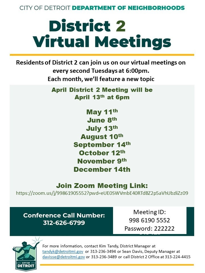 Reminder! District 2 Virtual Meeting, Tuesday, April 13, 2021 @ 6:00 P.M.