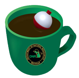 a color graphic showing an illustration of a green DNR coffee cup, coffee inside, and a red and white fishing bobber floating on top.