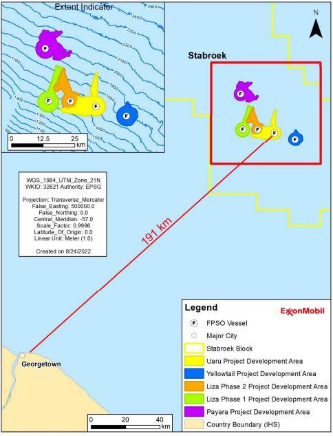 Map showing the location of the Uaru Project Development Area within Stabroek Block