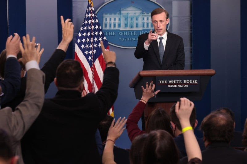 White House National Security Advisor Jake Sullivan gives a press briefing.