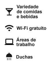 Variedade de comidas e bebidas / Wi-Fi gratuito / Áreas de trabalho / Duchas