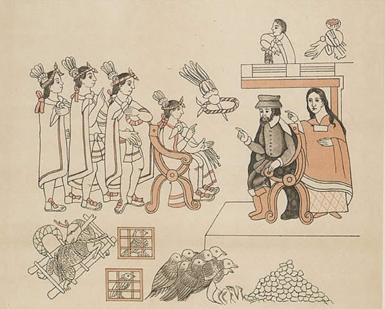 Four Aztec men, a Spanish man, and an Aztec woman.