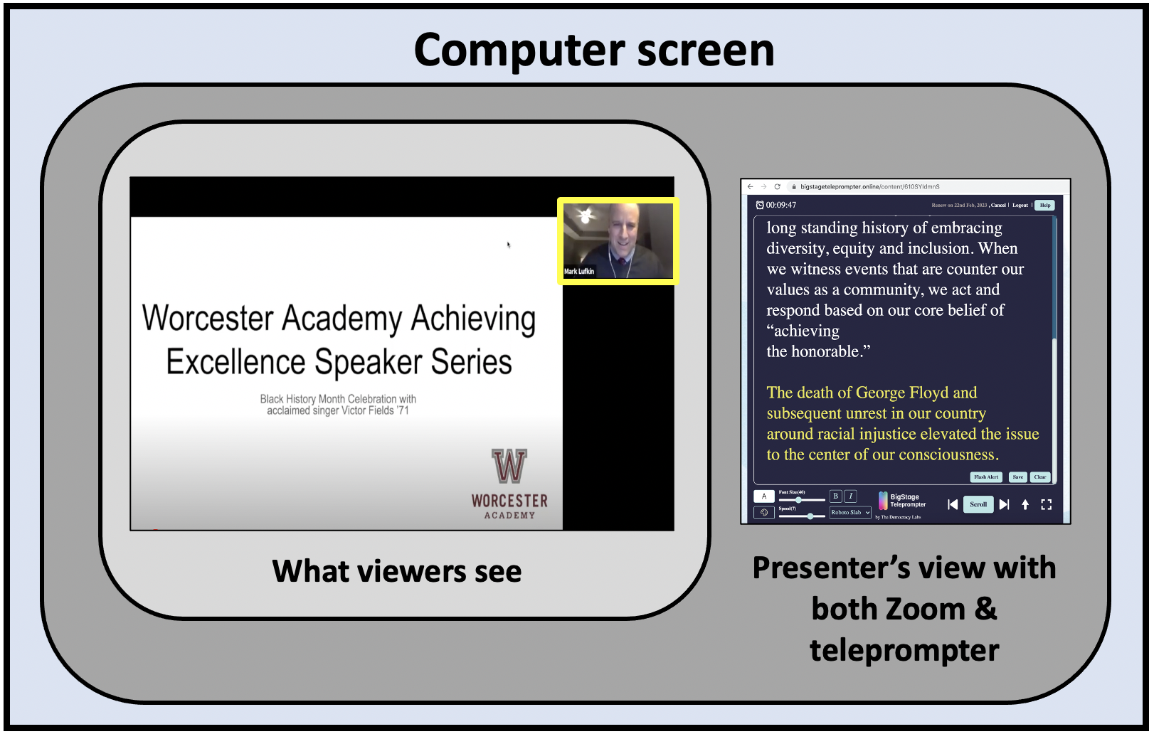 The BigStage Teleprompter runs in its own browser window which can be placed next to the Zoom window.