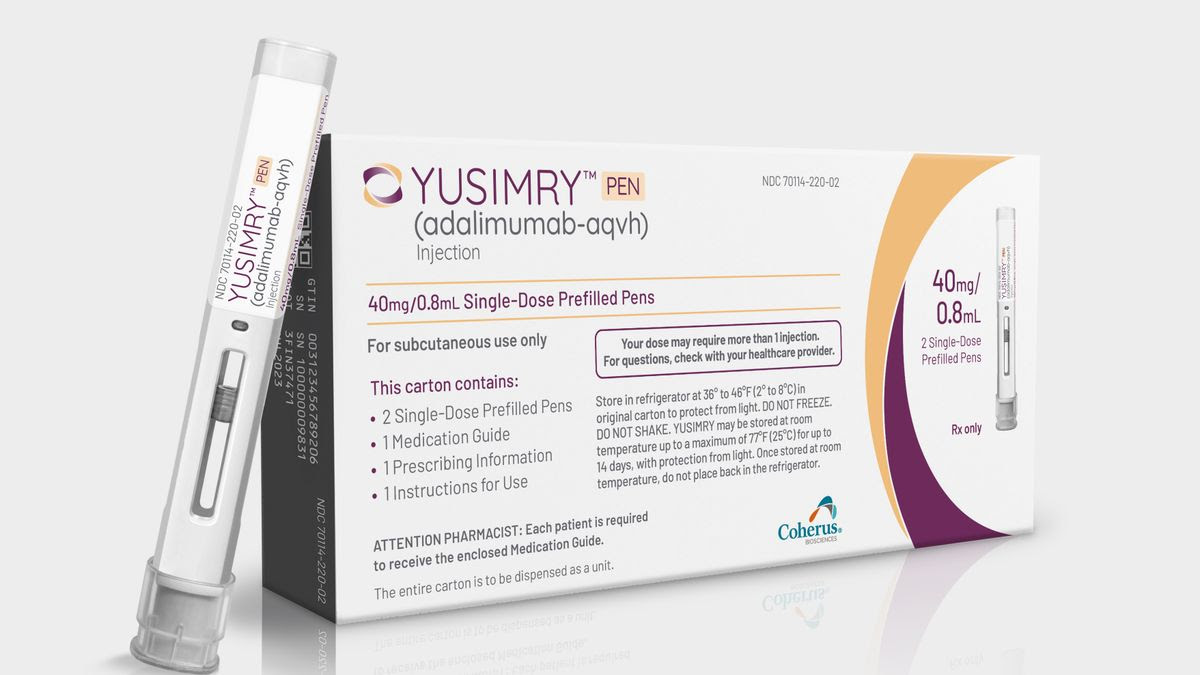 An injector and box of Coherus BioScience's Yusimry drug.