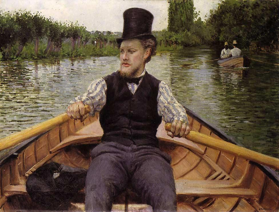 Impressionist painting showing an oarsman wearing a top hat on a boat. Rowing art by Gustave Caillebotte