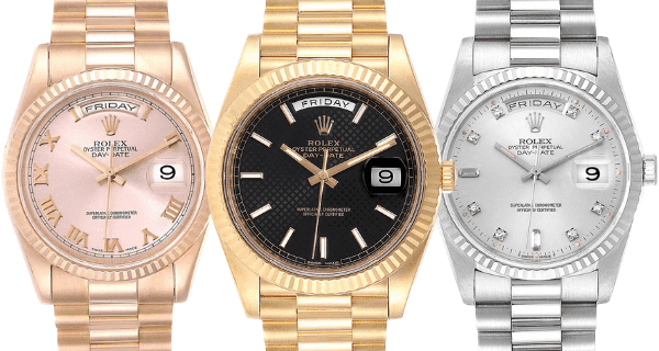 Rolex President Day-Date models: Day-Date 36 Rose Gold, Day-Date 40 Black Dial Yellow Gold, Day-Date 36 White Gold Diamond