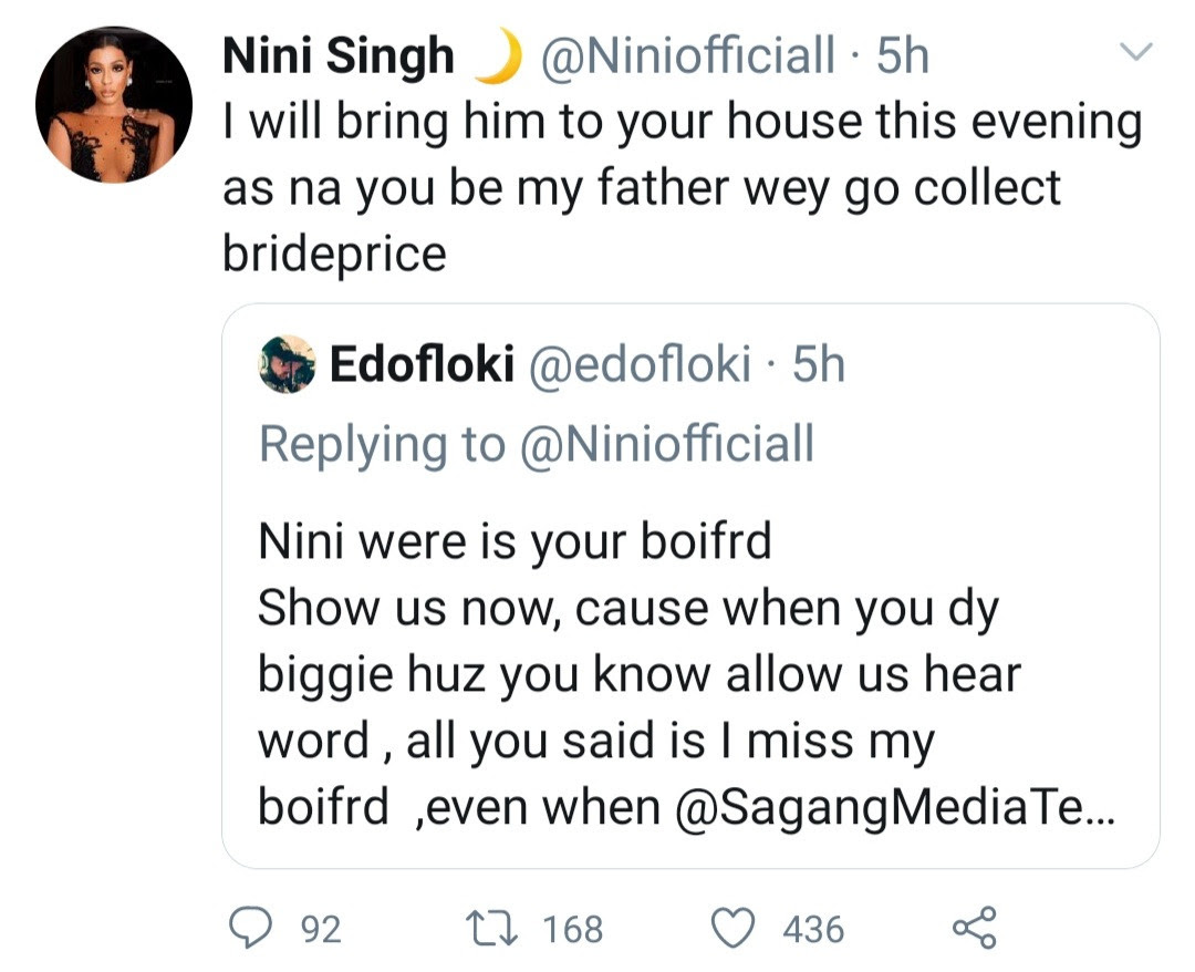 Nini responds to Twitter user asking to see the boyfriend she kept mentioning in the Big Brither Naija house