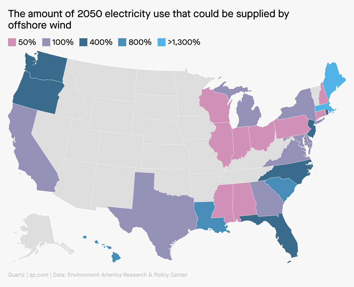 A map of the amount of 2050 electricity use that could be supplied by offshore wind, with more than 1,300% in Maine and Massachusetts.