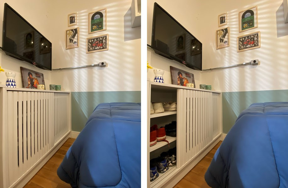 Neste outro quarto, a sapateira de madeira ripada apresenta portas de correr, para não encostar na cama na hora em que for aberta | Projeto de Bruno Moraes Arquitetura | Fotos: Divulgação