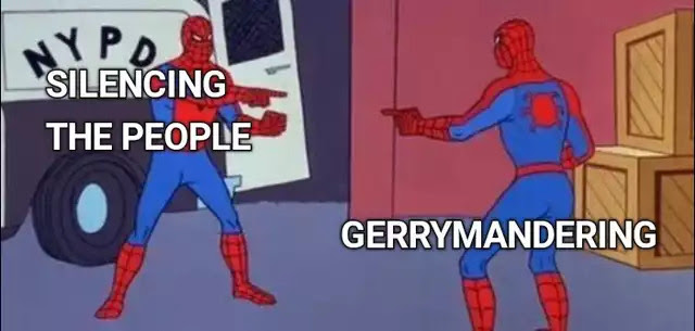 Meme of two spidermen pointing at each other with the words "silencing the people" on one and the words "gerrymandering" on the other