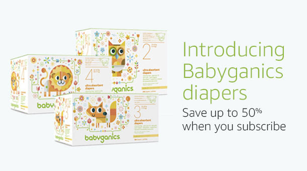 Save 50% on Babyganics diapers when you subscribe, compliments of Amazon Family.