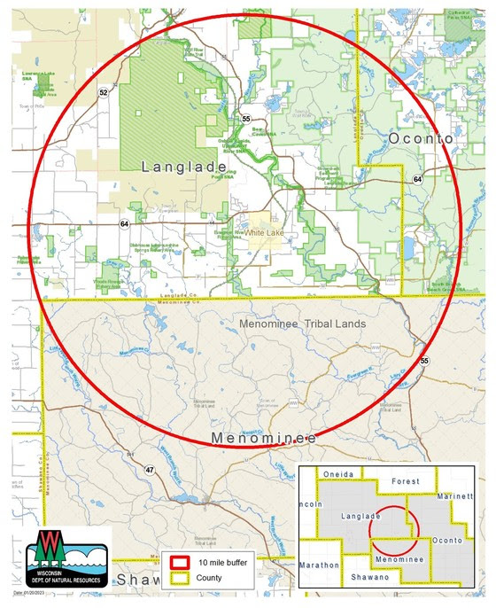 A map showing the 10-mile buffer zone around where the area where the deer that tested positive in Langlade County was harvested.