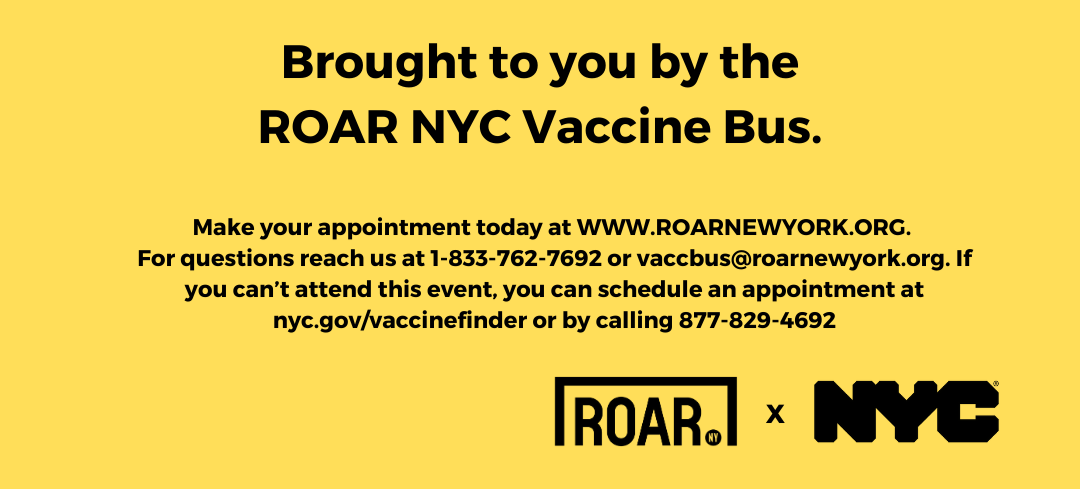 Yellow social media post with black text about the ROAR NYC vaccine bus. More info at roarnewyork.org 