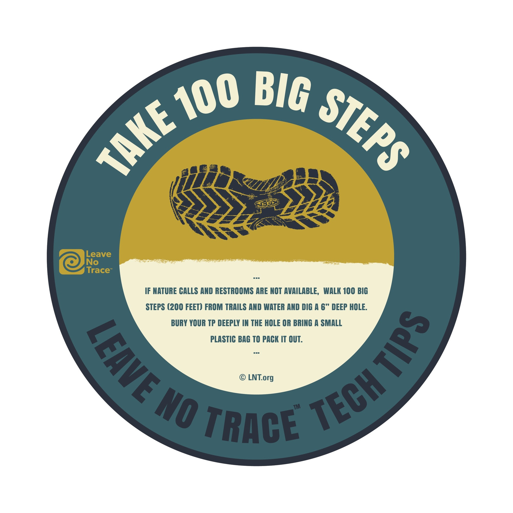 Leave No Trace Tech Tip logo: Take 100 Big Steps