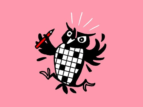 An owl with a crossword on its belly screams and runs against a pink background.