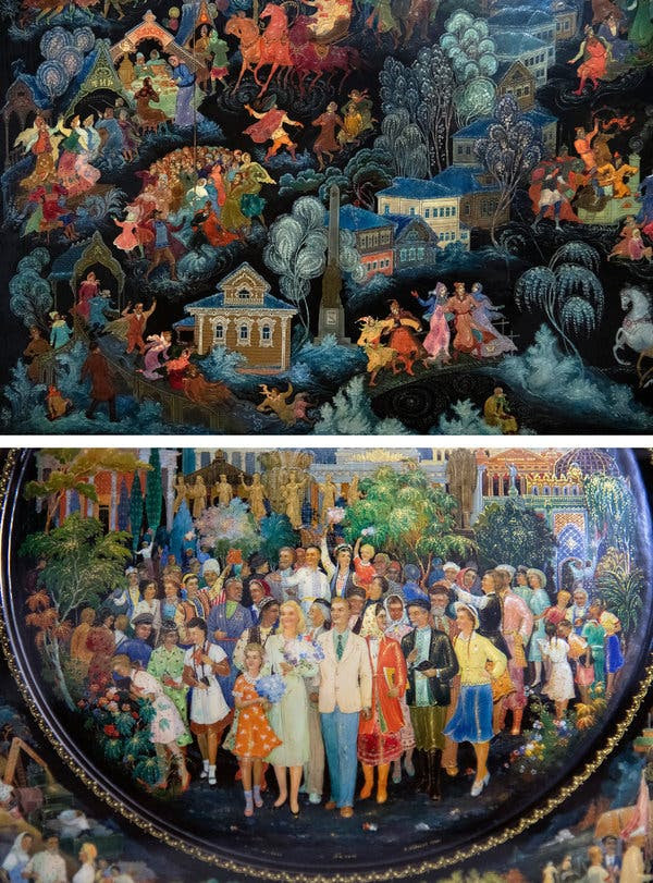 Top: a Soviet-era Palekh board painted in 1975 and entitled “Holiday of Russian Winter in Palekh.” Bottom: detail from a Soviet-era Palekh plate, painted in 1955, entitled “Flourish, land of the Kolhoz!”