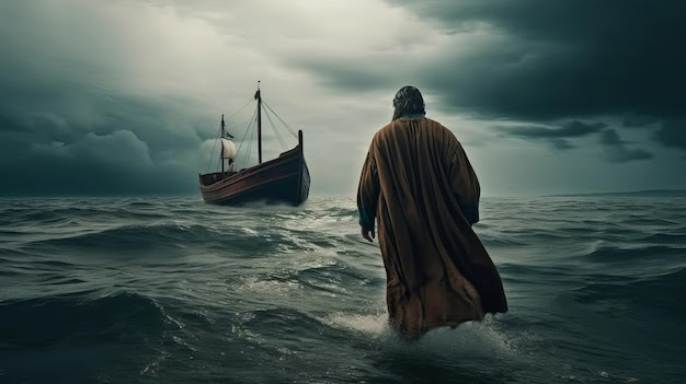 Jezus Idzie Po Wodzie Nad Morzem W Kierunku Jednostki Pływającej W środku  Burzy Koncepcja Podmiotu Biblijnego Ai Wygenerowana | Zdjęcie Premium