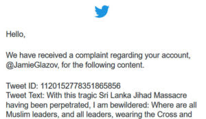 Complaint Made To Twitter About Glazov’s Tweet About Sri Lanka Jihad