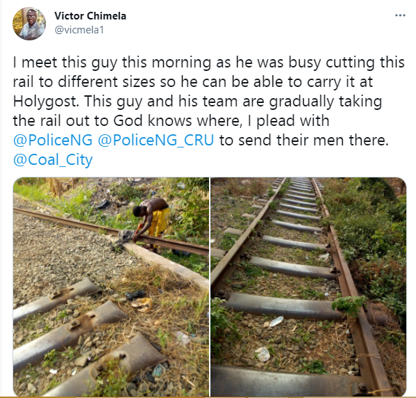 Man spotted cutting rail lines into different sizes in Enugu 