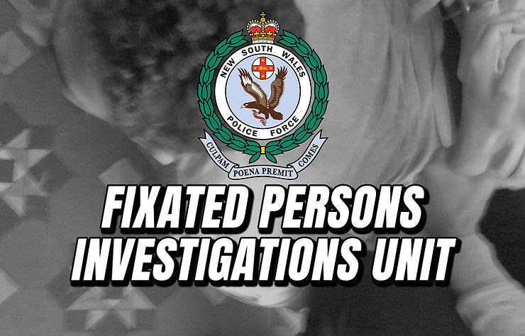 The Logo for the New South Wales Police Force, with the text "Fixated Persons Investigations Unit" below it. Background is a screen capture of Kristo Langker being arrested by the FPIU