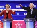 Democratic presidential candidates, Sen. Elizabeth Warren, D-Mass., left, and Sen. Bernie Sanders, I-Vt., right, participate in a Democratic presidential primary debate at the Gaillard Center, Tuesday, Feb. 25, 2020, in Charleston, S.C., co-hosted by CBS News and the Congressional Black Caucus Institute. (AP Photo/Patrick Semansky)