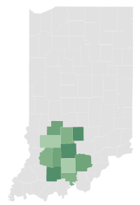 Map showing the 11 counties of the Indiana Uplands region
