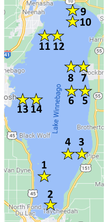 Map of Lake Winnebago with yellow graphic stars showing depth reading locations.