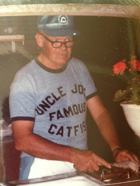 a photo of Joe Burroughs wearing a t-shirt that reads Uncle Joe's Famous Catfish