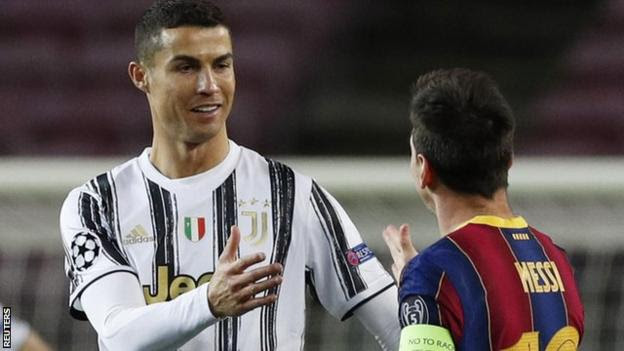 Cristiano Ronaldo and Lionel Messi greet one another before Barcelona's Champions League match with Juventus