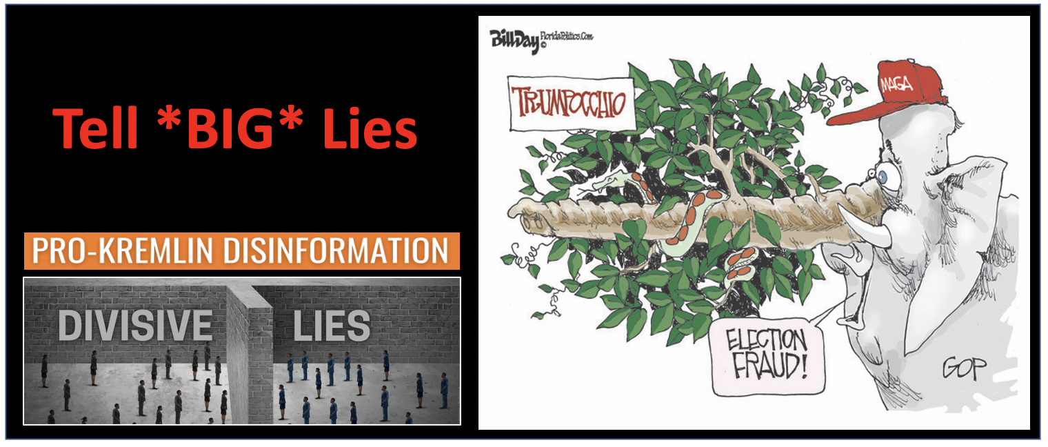 A big lie is a propaganda technique to spread a lie so “colossal”, no one would believe that anyone “could have the impudence to distort the truth so infamously”. Big lies have big divisive power.