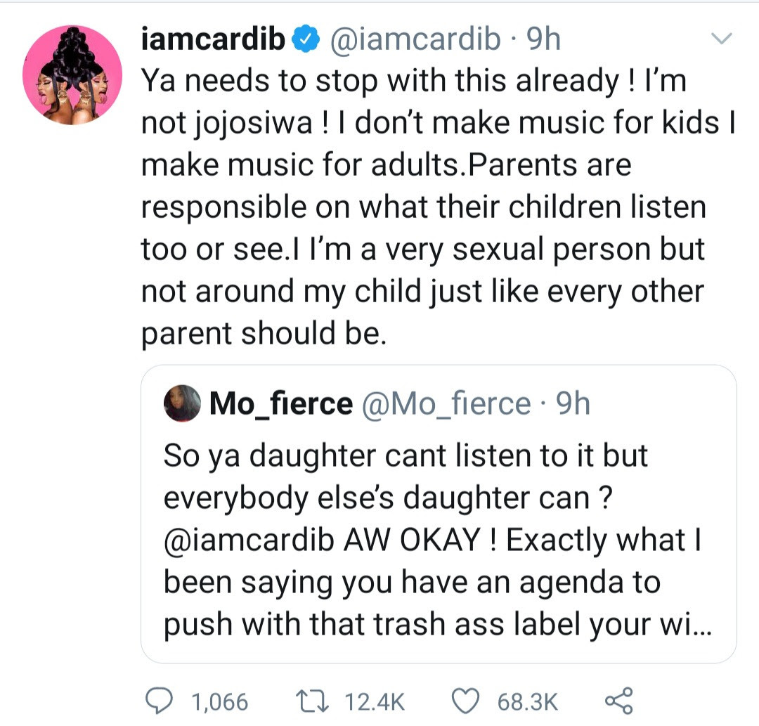 Cardi B reacts after being called out for stopping her daughter from listening to her music, WAP (video)